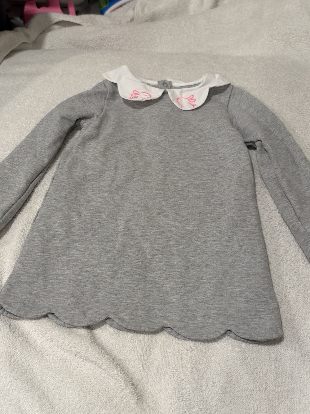 Jacadi Girls 24M 2T Gray Peter Pan Collar Dress Pink Embroidered Bunny Scallop